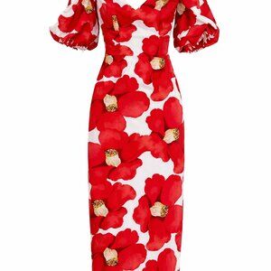 Ivory Atelier Red Floral Midi Dress Puff Sleeve Sweetheart Neck M structured